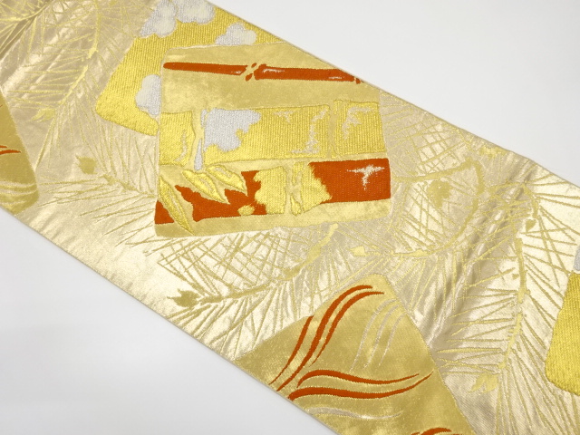 アンティーク　服部織物製　色紙に竹笹模様織り出し袋帯（着用可）